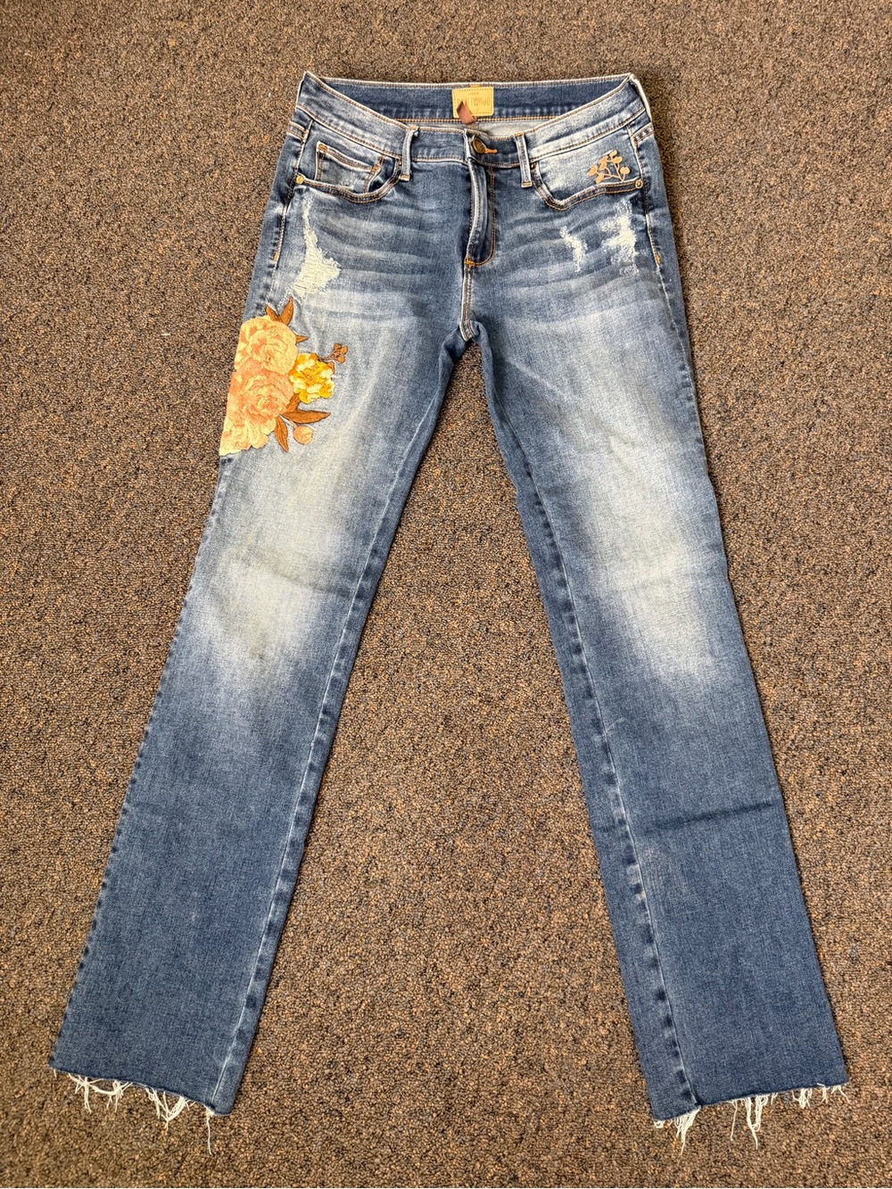 DRIFTWOOD Audrey Floral Embroidered Denim Jeans Straight Leg SZ. 28 Raw Hem BOHO
